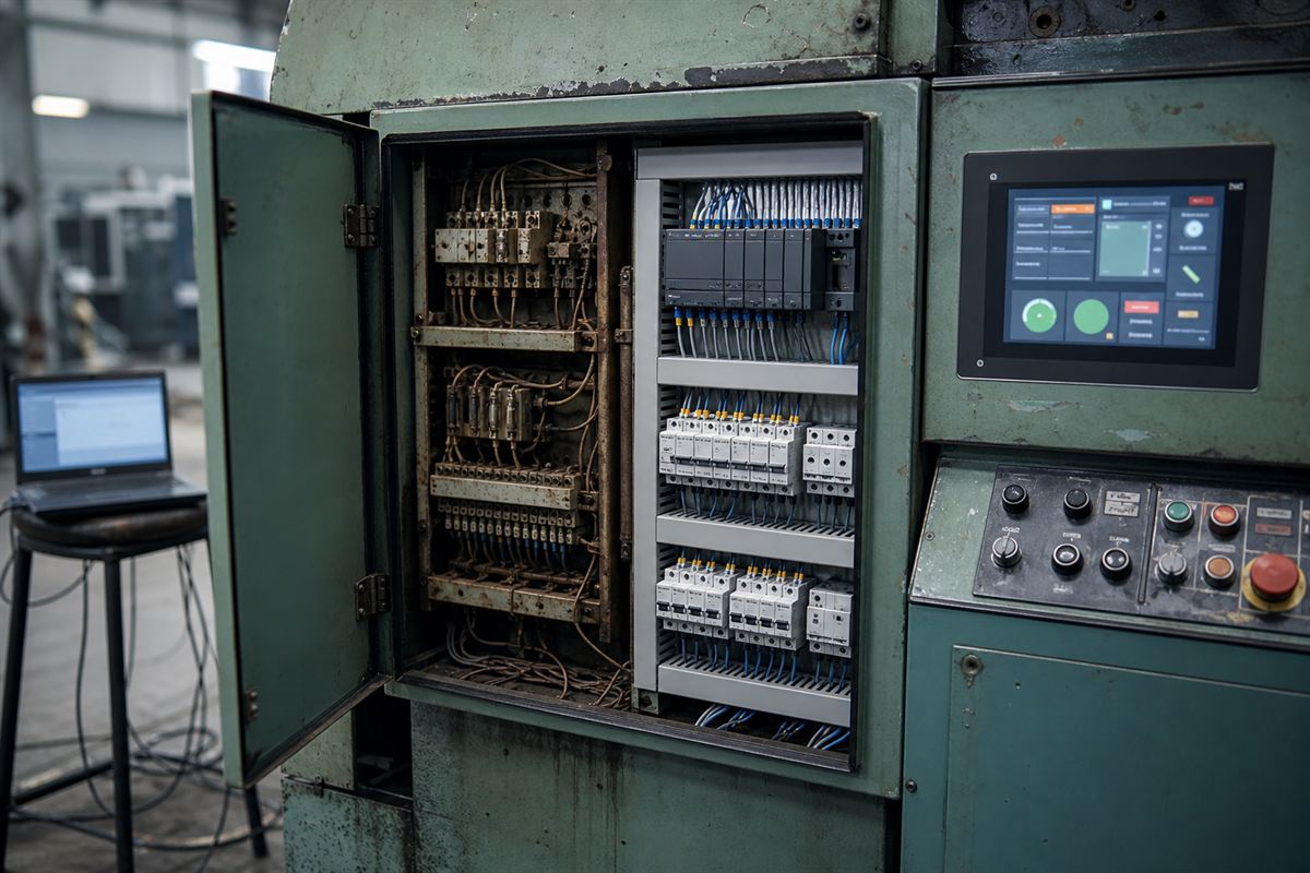 Painel de máquina antiga com a instalação original preservada ao lado de CLP, disjuntores e IHM novos recém-instalados